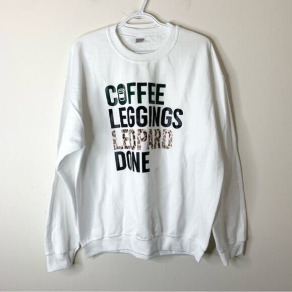 Women's Graphic Logo Coffee Leggings Leopard Casual Pullover Sweater Size Large - Picture 3 of 11